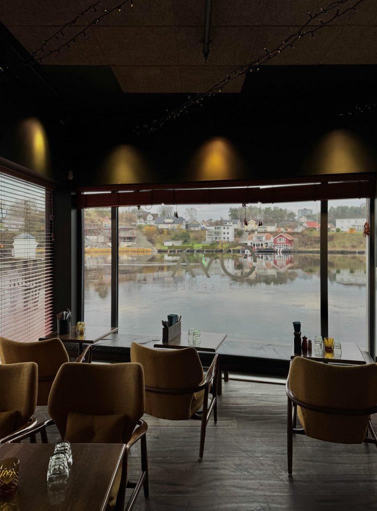 Panoramautsikt over Porsgrunnselva fra Øya Spiseri, med moderne sitteplasser og store vinduer mot elven.